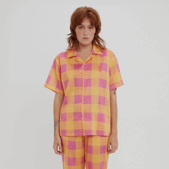 NEW Sz M Medium Les Girls Les Boys Giant Gingham Orange Pink Print Pajama Shirt - Picture 4 of 8